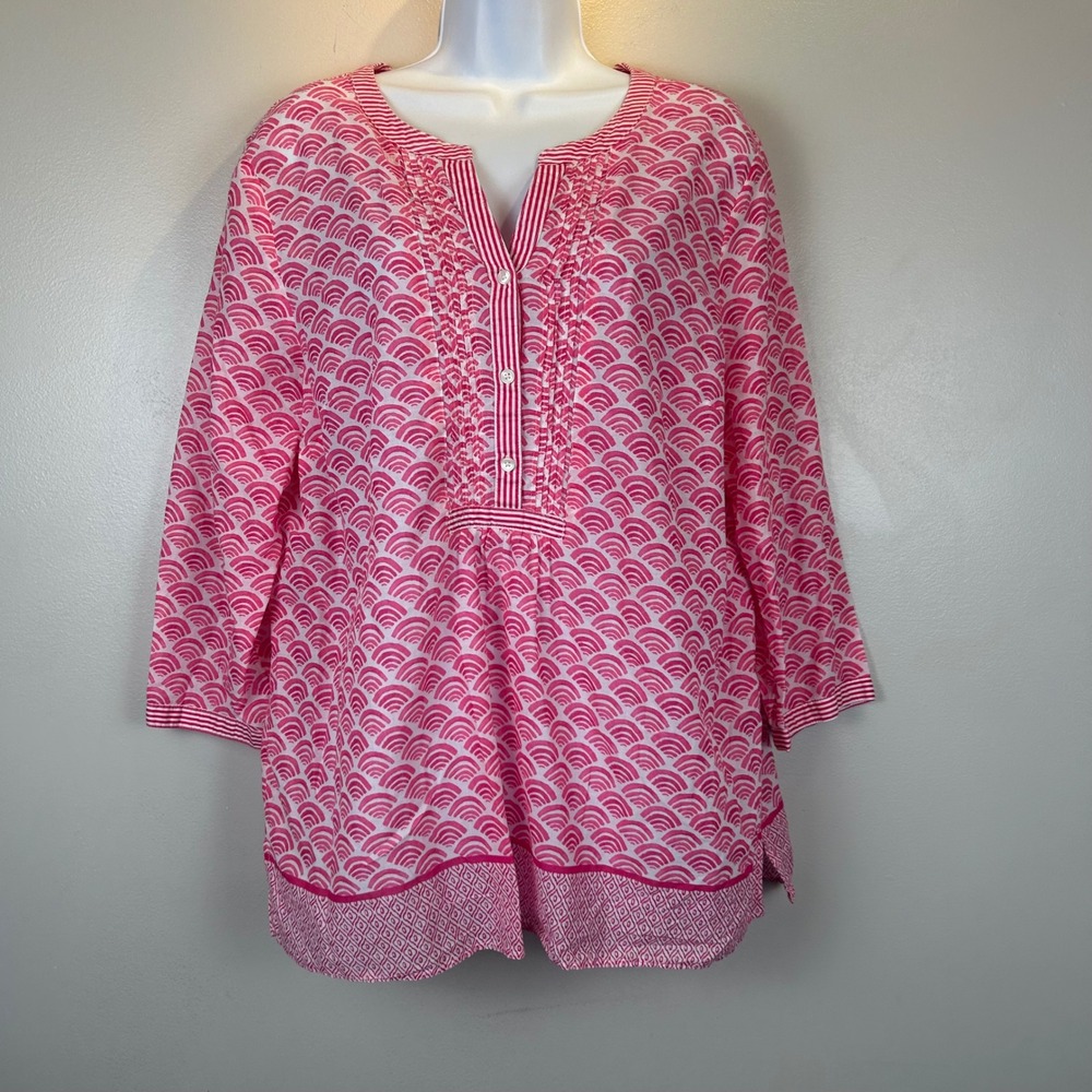 Talbots Pink White Fan Print Cotton Tunic Top 3/4 Sleeve XL Bohemian Resort Wear
